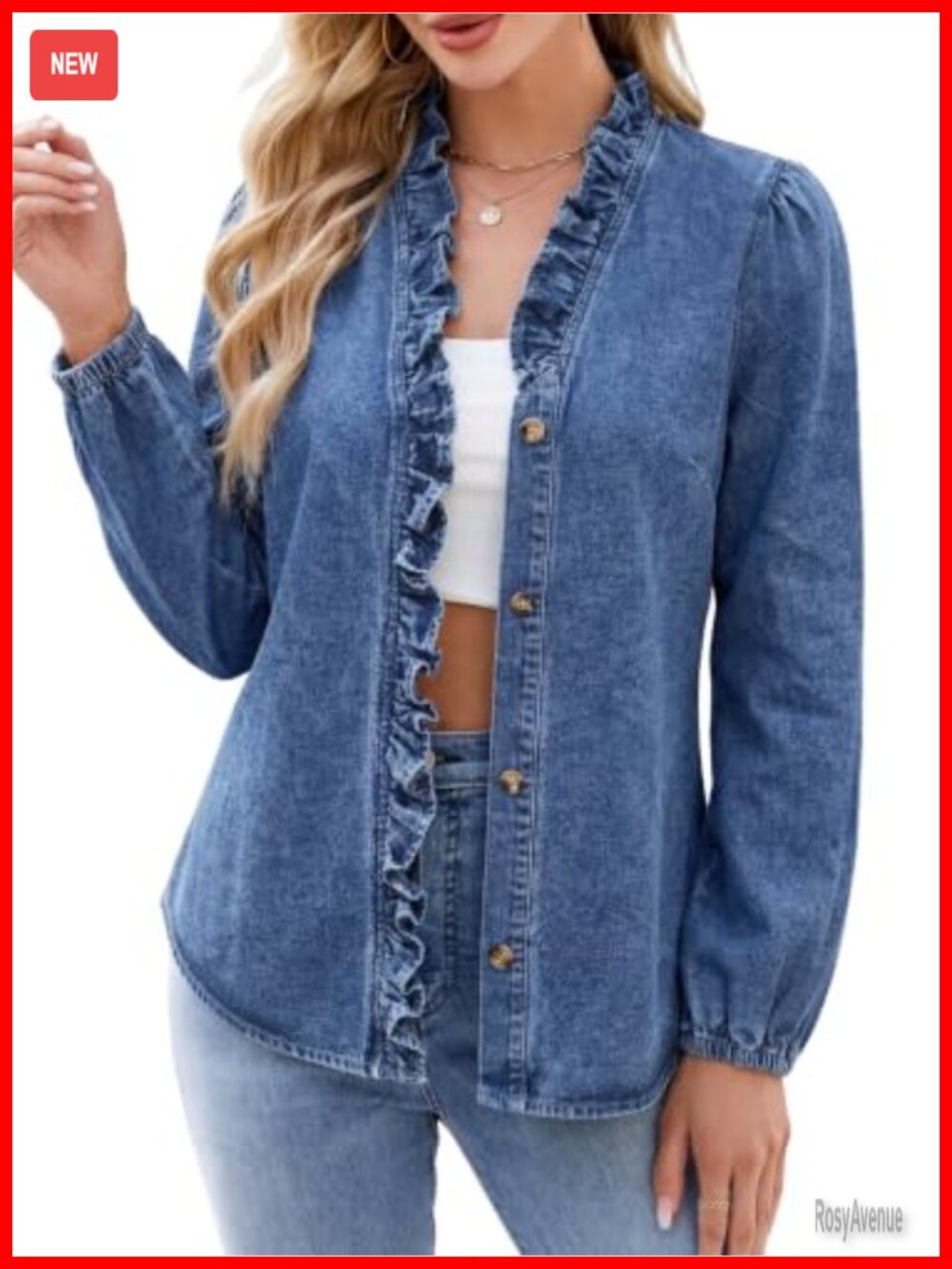 Women's Ruffle V-Neck Denim Button Down Blouse Long Sleeve Cotton
